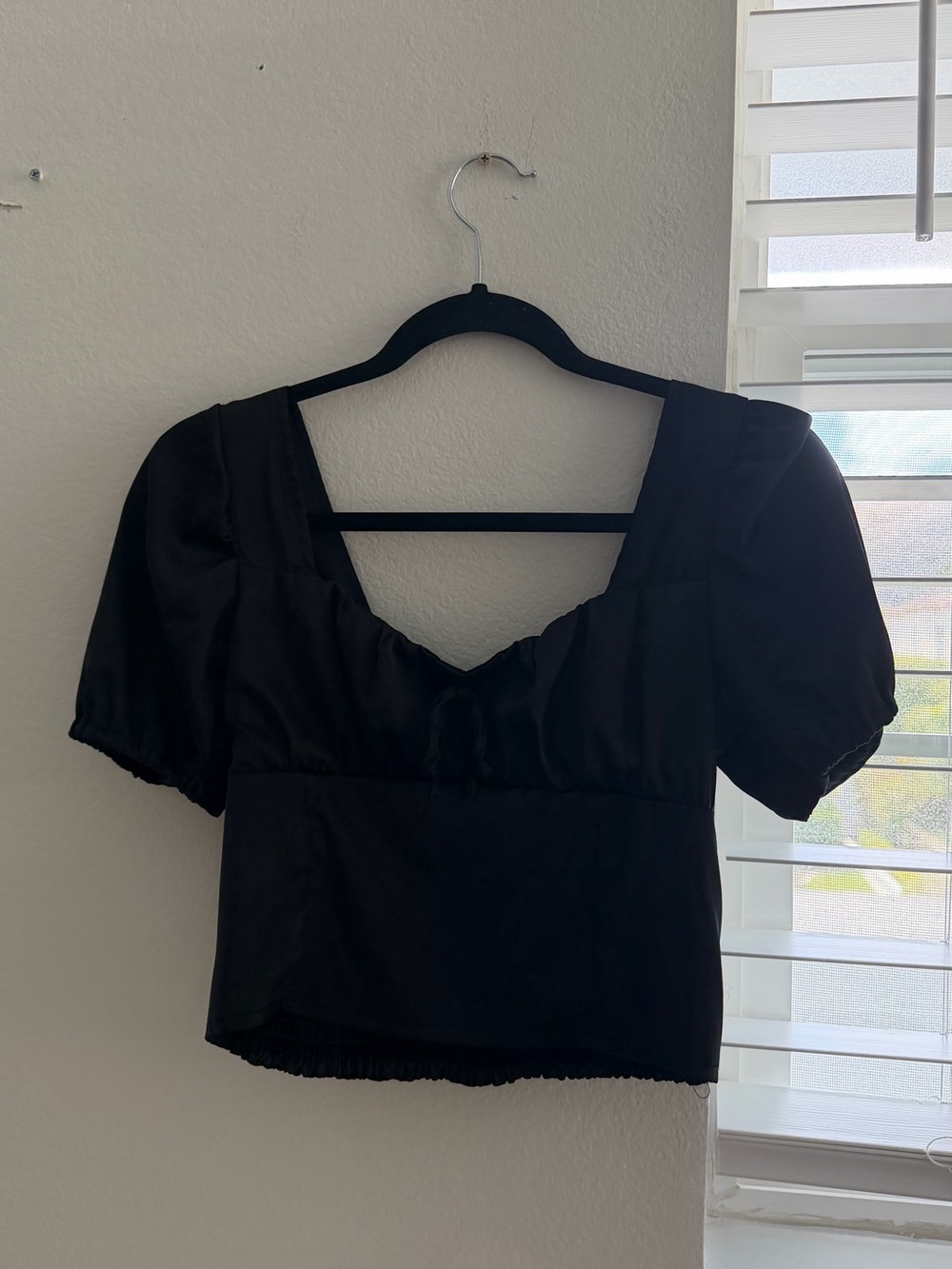Black Puff Sleeve V-Neck Women's Top